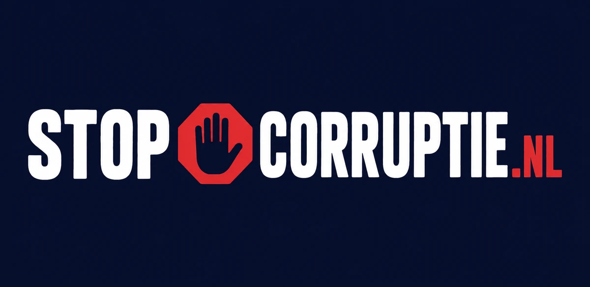 Het logo van StopCorruptieNL: een rode stop met een opgestoken hand, tussen de woorden STOP en CORRUPTIE.NL